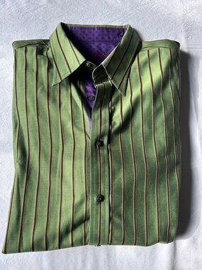 Robert Graham Green Stripe Men's Dress Shirt with Purple Contrast Collar 3XL